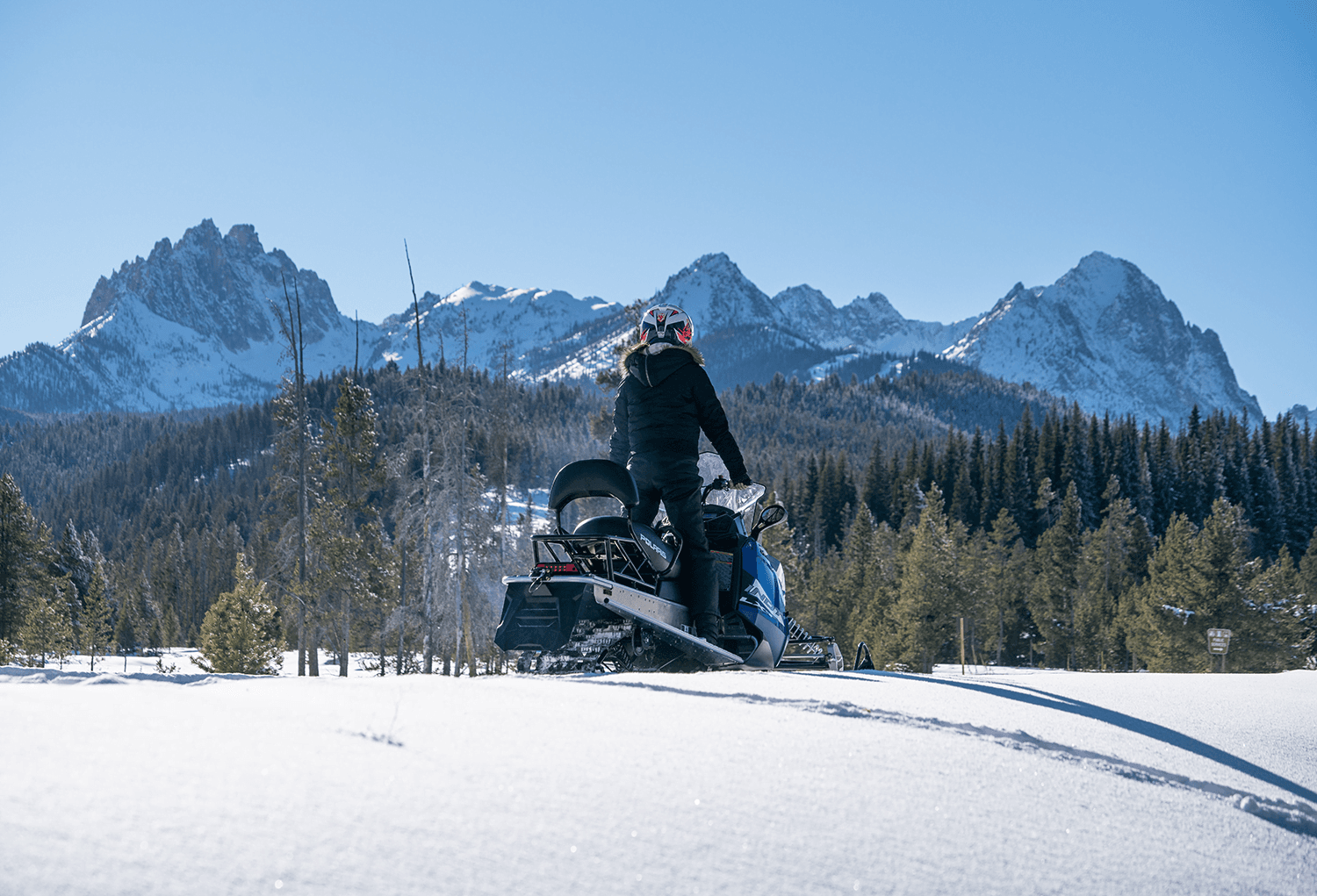 A person on a snowmobile rides through a snowy landscape with mountains in the background.