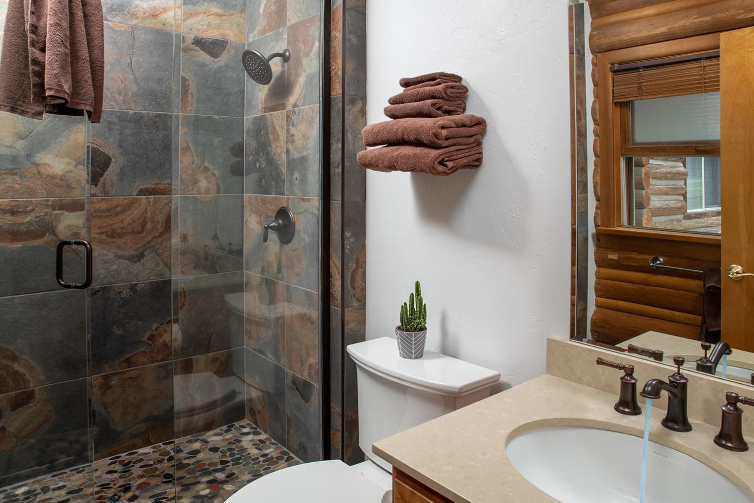 A modern bathroom featuring a glass-enclosed shower, stone tiles, a toilet, and a sink with a cactus plant on the counter.