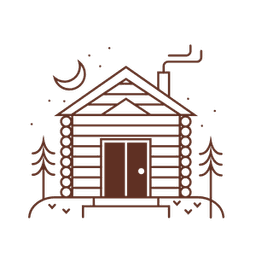 A simple log cabin surrounded by trees under a crescent moon.